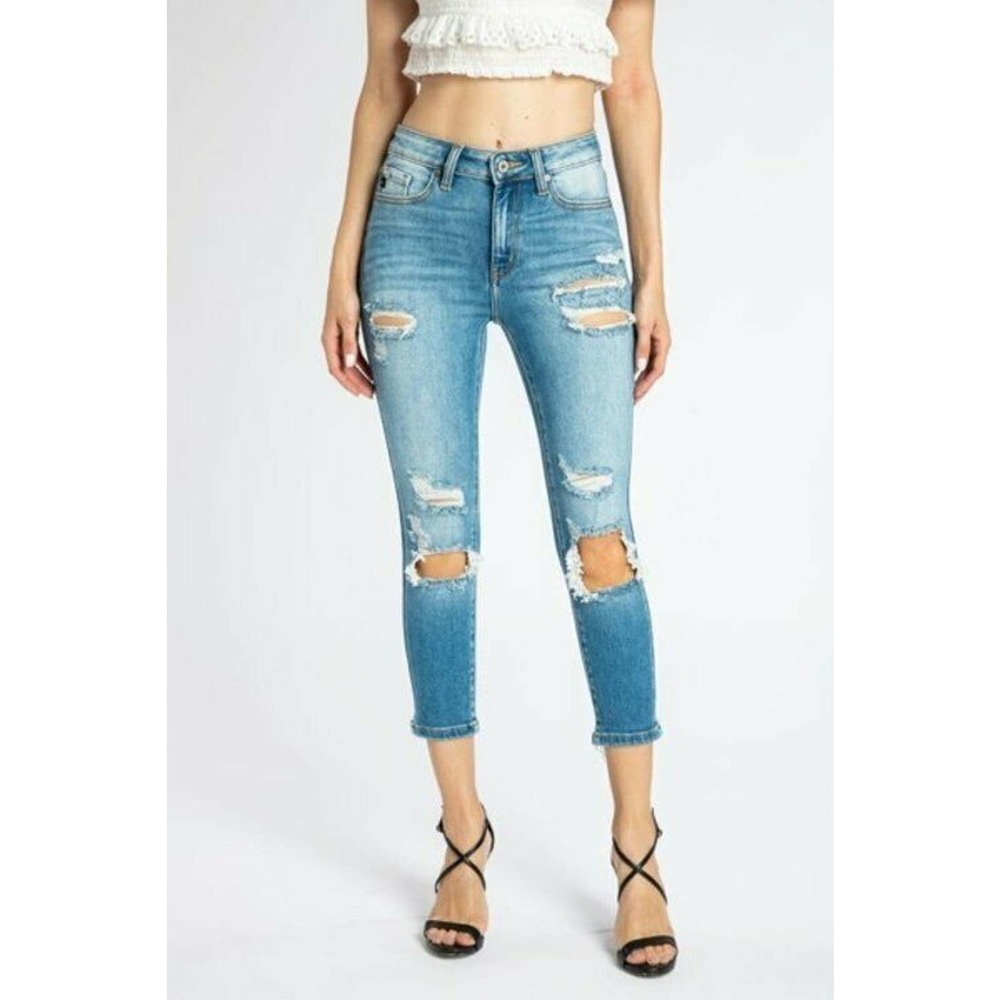 Kancan Cropped Jeans Size 24 1 Womens Ripped Destroyed High Rise Raw Hem Denim